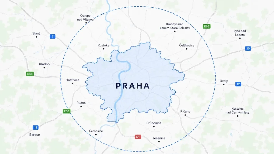 Mapa působnosti servisu Praha a okolí